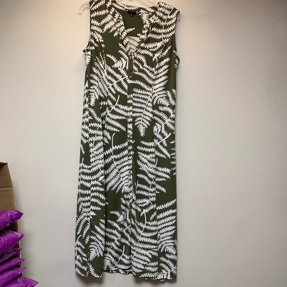 Talbots Button Front Midi Dress Womens Medium Olive Green Fern Print Excellent